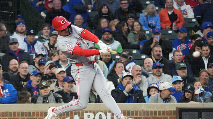 May 5, 2026; Chicago, Illinois, USA; Cincinnati Reds left fielder Spencer Steer (7) hits a single against the Chicago Cubs during the fourth inning at Wrigley Field. Mandatory Credit: David Banks-Imagn Images