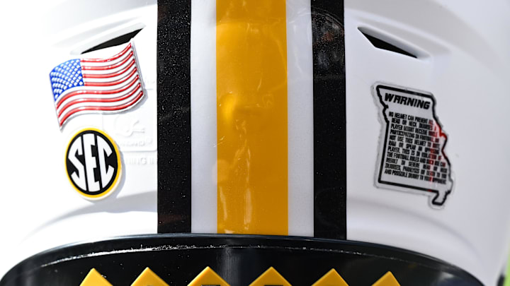 Oct 5, 2024; College Station, Texas, USA; A detail view of a Missouri Tigers helmet on the side line in the first quarter against the Texas A&M Aggies at Kyle Field. Mandatory Credit: Maria Lysaker-Imagn Images. Oct 5, 2024; College Station, Texas, USA; A detail view of a Missouri Tigers helmet on the side line in the first quarter against the Texas A&M Aggies at Kyle Field. Mandatory Credit: Maria Lysaker-Imagn Images.