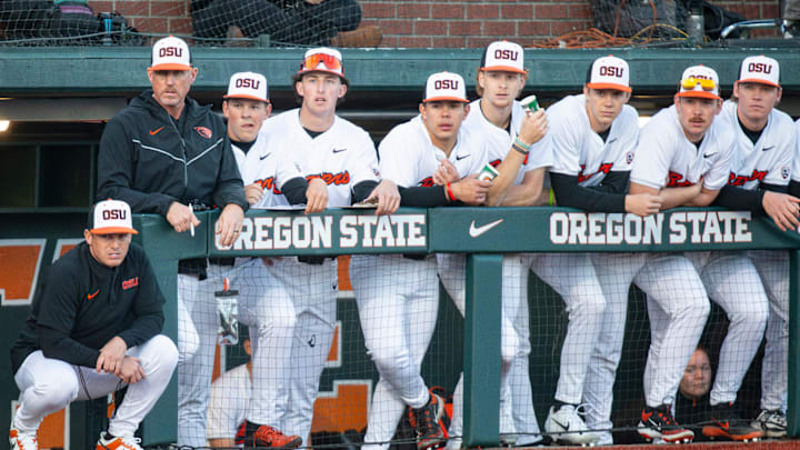 The Oregon State dugout watches its team compete against San Diego during an NCAA college baseball game at Goss Stadium on Friday, March 7, 2025, in Corvallis, Ore. The Oregon State dugout watches its team compete against San Diego during an NCAA college baseball game at Goss Stadium on Friday, March 7, 2025, in Corvallis, Ore.