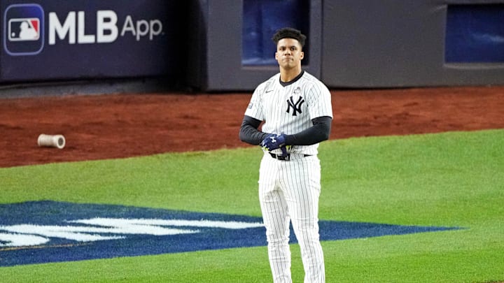 New York Yankees outfielder Juan Soto reacts after grounding out during the third inning against the Los Angeles Dodgers in Game 3 of the 2024 MLB World Series at Yankee Stadium. 