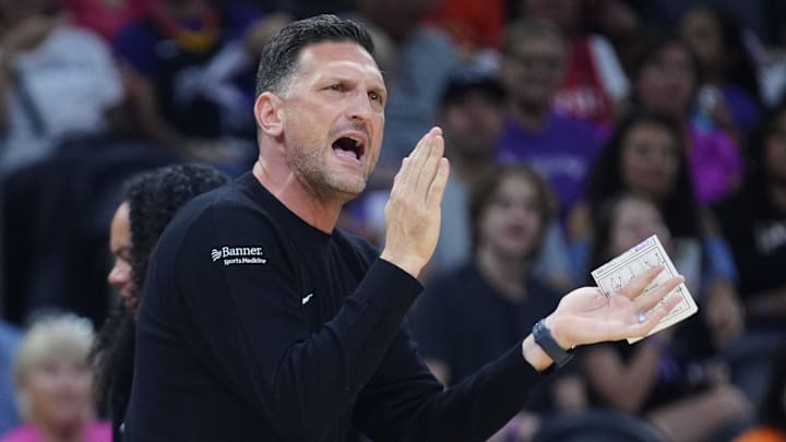 Mercury head coach Nate Tibbetts claps for his team against the Fever at PHX Arena in Phoenix on Aug. 7, 2025. Mercury head coach Nate Tibbetts claps for his team against the Fever at PHX Arena in Phoenix on Aug. 7, 2025.