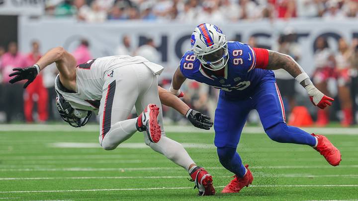 Sep 13, 2026; Houston, Texas, USA; Buffalo Bills linebacker TJ Parker (99) blocks Houston Texans offensive tackle Trent Brown (77) in the second half at Reliant Stadium. Mandatory Credit: Thomas Shea-Imagn Images Sep 13, 2026; Houston, Texas, USA; Buffalo Bills linebacker TJ Parker (99) blocks Houston Texans offensive tackle Trent Brown (77) in the second half at Reliant Stadium. Mandatory Credit: Thomas Shea-Imagn Images