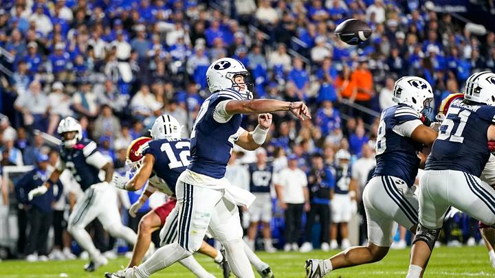 Oct 9, 2026; Provo, Utah, USA; BYU Cougars quarterback Bear Bachmeier (47) throws the ball during the first half against the Iowa State Cyclones at LaVell Edwards Stadium. Mandatory Credit: Aaron Baker-Imagn Images Oct 9, 2026; Provo, Utah, USA; BYU Cougars quarterback Bear Bachmeier (47) throws the ball during the first half against the Iowa State Cyclones at LaVell Edwards Stadium. Mandatory Credit: Aaron Baker-Imagn Images