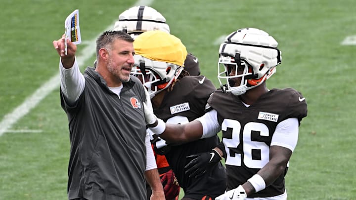 Mike Vrabel works at Browns training camp as an advisor in August of 2024. Mike Vrabel works at Browns training camp as an advisor in August of 2024.