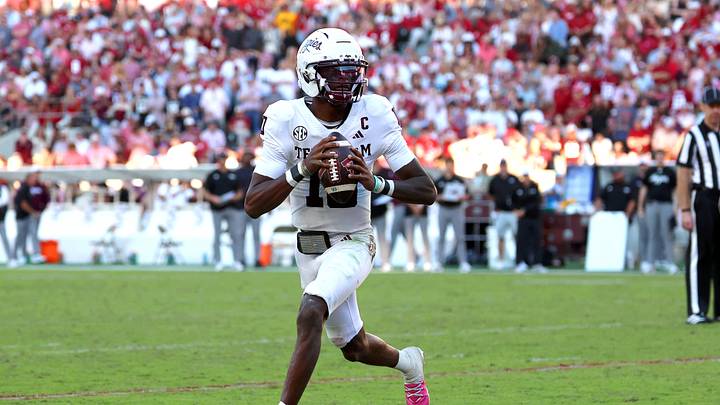 Oct 24, 2026; Tuscaloosa, Alabama, USA; Texas A&M Aggies quarterback Marcel Reed (10) carries the ball during the third quarter against the Alabama Crimson Tide at Saban Field at Bryant-Denny Stadium. Mandatory Credit: David Leong-Imagn Images