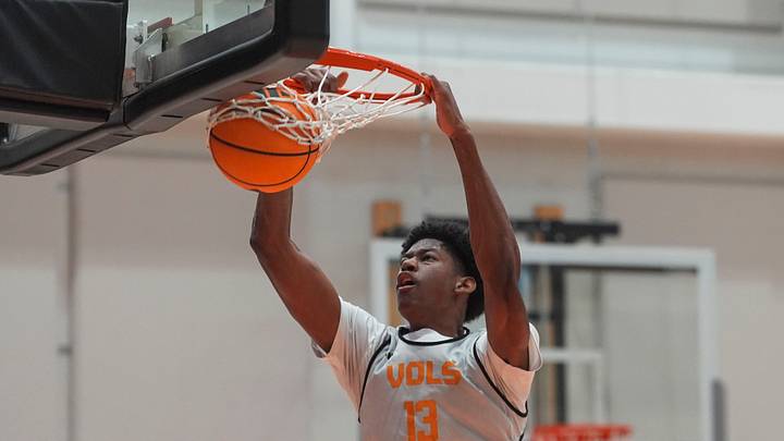 Tennessee forward Ralph Scott (13) dunks the ball during a Tennessee basketball practice in Pratt Pavilion on July 23, 2026. Tennessee forward Ralph Scott (13) dunks the ball during a Tennessee basketball practice in Pratt Pavilion on July 23, 2026.