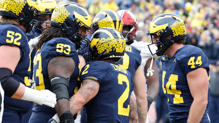 Oct 14, 2023; Ann Arbor, Michigan, USA; Michigan Wolverines running back Blake Corum (2) receives