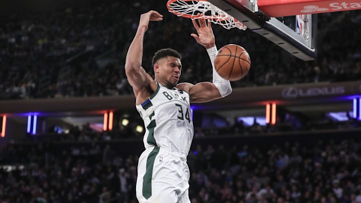Dec 23, 2023; New York, New York, USA;  Milwaukee Bucks forward Giannis Antetokounmpo (34) dunks in the fourth quarter against the New York Knicks at Madison Square Garden. Mandatory Credit: Wendell Cruz-Imagn Images