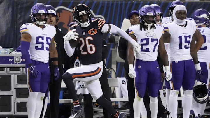 Sep 8, 2025; Chicago, Illinois, USA; Chicago Bears defensive back Nashon Wright (26) returns an interception for a touchdown against the Minnesota Vikings during second half at Soldier Field. Mandatory Credit: David Banks-Imagn Images