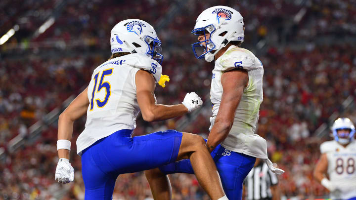 Aug 26, 2023; Los Angeles, California, USA; San Jose State Spartans wide receiver Nick Nash (3) celebrates his touchdown scored against the Southern California Trojans with wide receiver Matthew Coleman (15) during the second half at Los Angeles Memorial Coliseum. Mandatory Credit: Gary A. Vasquez-USA TODAY Sports