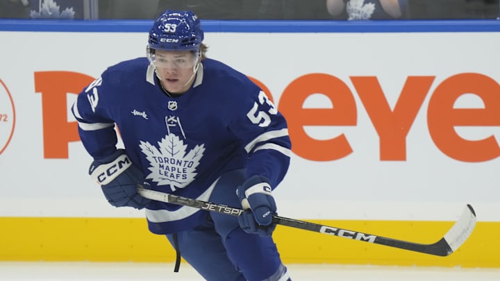 Sep 25, 2023; Toronto, Ontario, CAN; Toronto Maple Leafs forward Easton Cowan (53) skates during warm-up before a game against the Ottawa Senators at Scotiabank Arena. Mandatory Credit: John E. Sokolowski-USA TODAY Sports
