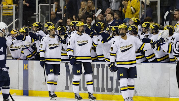 March 8, 2025; Ann Arbor, Michigan, USA; The Michigan Wolverines celebrate a goal in the second period at Yost Ice Arena. Mandatory Credit: Brian Bradshaw Sevald-Imagn Images