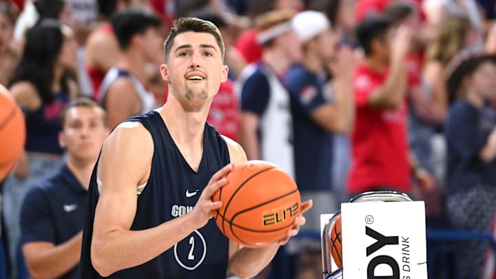 Oct 7, 2023; Seattle, WA, USA; Gonzaga Bulldogs guard Steele Venters (2) shoots the ball in the three-point contest during Kraziness at the Kennel at the McCarthey Athletic Center. Mandatory Credit: James Snook-USA TODAY Sports