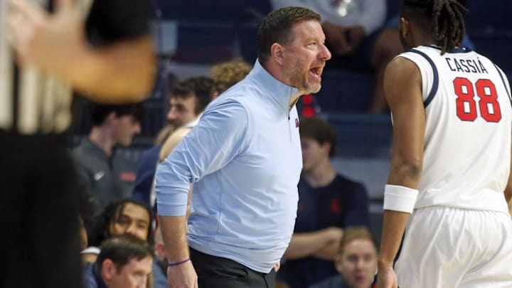 Feb 21, 2026; Oxford, Mississippi, USA; Mississippi Rebels head coach Chris Beard reacts during the first half against the Florida Gators at The Sandy and John Black Pavilion at Ole Miss. Mandatory Credit: Petre Thomas-Imagn Images