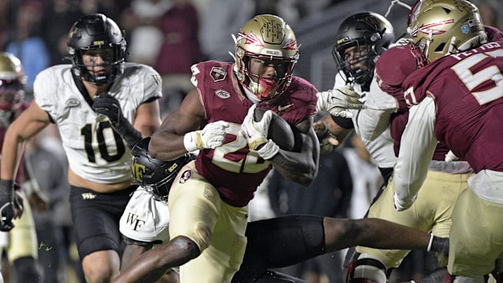 Nov 1, 2025; Tallahassee, Florida, USA; Florida State Seminoles running back Samuel Singleton Jr. (8) runs the ball during the second half against the Wake Forest Demon Deacons at Doak S. Campbell Stadium. Mandatory Credit: Melina Myers-Imagn Images Nov 1, 2025; Tallahassee, Florida, USA; Florida State Seminoles running back Samuel Singleton Jr. (8) runs the ball during the second half against the Wake Forest Demon Deacons at Doak S. Campbell Stadium. Mandatory Credit: Melina Myers-Imagn Images