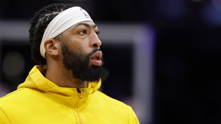 Apr 3, 2024; Washington, District of Columbia, USA; Los Angeles Lakers forward Anthony Davis on court during warmup prior to the game against the Washington Wizards at Capital One Arena. Mandatory Credit: Geoff Burke-Imagn Images