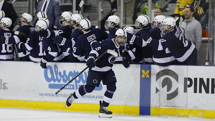Penn State forward Charlie Cerrato (15) celebrates a penalty goal in the third period vs. the Michigan Wolverines in the Big Ten Tournsment. 