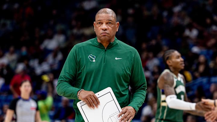 Apr 6, 2025; New Orleans, Louisiana, USA; Milwaukee Bucks head coach Doc Rivers looks on against the New Orleans Pelicans during the second half at Smoothie King Center. Mandatory Credit: Stephen Lew-Imagn Images
