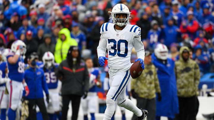 Nov 21, 2021; Orchard Park, New York, USA; Indianapolis Colts defensive back George Odum (30) reacts to a play against the Buffalo Bills during the first half at Highmark Stadium. 
