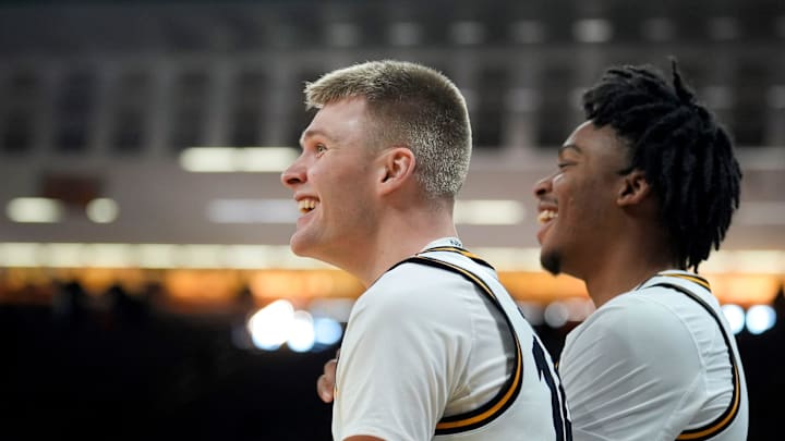 Iowa guard Bennett Stirtz (14) and Iowa’s Tavion Banks (6) react during the game against the Western Michigan Broncos Dec. 14, 2025 at Carver-Hawkeye Arena in Iowa City, Iowa. Iowa guard Bennett Stirtz (14) and Iowa’s Tavion Banks (6) react during the game against the Western Michigan Broncos Dec. 14, 2025 at Carver-Hawkeye Arena in Iowa City, Iowa.