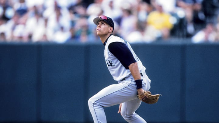 Seattle Mariners shortstop Alex Rodriguez in action against the Baltimore Orioles at Camden Yards during the 1998 season. 