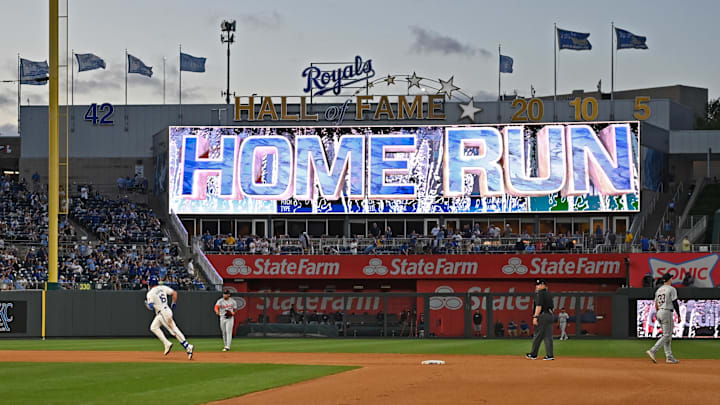 May 21, 2024; Kansas City, Missouri, USA; Kansas City Royals right fielder Hunter Renfroe (16) rounds second base after hitting a solo home run in the seventh inning against the Detroit Tigers at Kauffman Stadium. Mandatory Credit: Peter Aiken-Imagn Images May 21, 2024; Kansas City, Missouri, USA; Kansas City Royals right fielder Hunter Renfroe (16) rounds second base after hitting a solo home run in the seventh inning against the Detroit Tigers at Kauffman Stadium. Mandatory Credit: Peter Aiken-Imagn Images