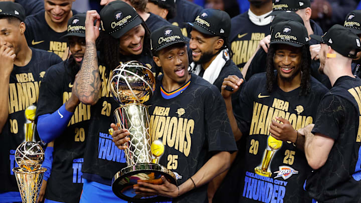 Jun 22, 2025; Oklahoma City, Oklahoma, USA; Oklahoma City Thunder forward Jalen Williams (8) holds the NBA Larry O'Brien Championship Trophy at the end of game seven of the 2025 NBA Finals after defeating the Indiana Pacers at Paycom Center. Mandatory Credit: Alonzo Adams-Imagn Images Jun 22, 2025; Oklahoma City, Oklahoma, USA; Oklahoma City Thunder forward Jalen Williams (8) holds the NBA Larry O'Brien Championship Trophy at the end of game seven of the 2025 NBA Finals after defeating the Indiana Pacers at Paycom Center. Mandatory Credit: Alonzo Adams-Imagn Images