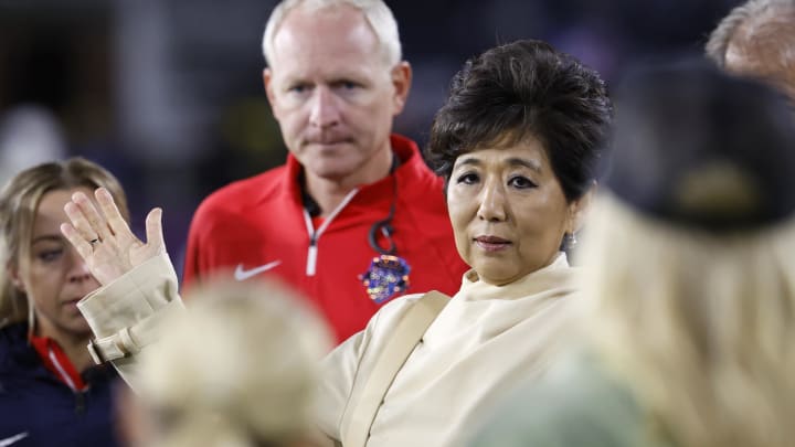 Oct 15, 2023; Washington, District of Columbia, USA; Washington Spirit owner Michele Kang speaks to the team after the game against the North Carolina Courage at Audi Field. Oct 15, 2023; Washington, District of Columbia, USA; Washington Spirit owner Michele Kang speaks to the team after the game against the North Carolina Courage at Audi Field.