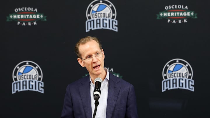Apr 11, 2023; Orlando, Florida, USA;  Orlando Magic president of basketball operations Jeff Weltman speaks during a press conference for the new Orlando Magic G-League stadium at Osceola Heritage Park. Mandatory Credit: Nathan Ray Seebeck-Imagn Images