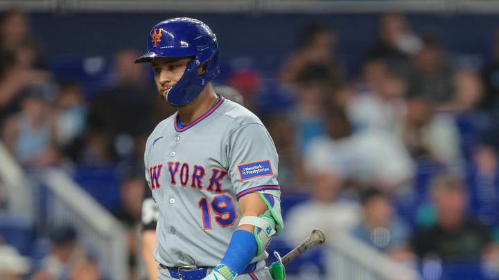 New York Mets shortstop Bo Bichette (19) reacts after his at bat against the Miami Marlins during the sixth inning at loanDepot Park. Mandatory Credit: Sam Navarro-Imagn Images New York Mets shortstop Bo Bichette (19) reacts after his at bat against the Miami Marlins during the sixth inning at loanDepot Park. Mandatory Credit: Sam Navarro-Imagn Images