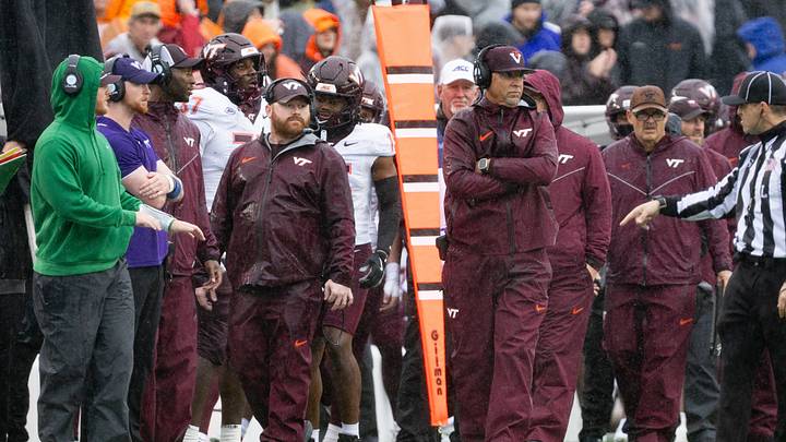 Sep 26, 2026; Chestnut Hill, Massachusetts, USA; Virginia Tech head coach James Franklin in the first half against the Boston College Eagles at Alumni Stadium. Mandatory Credit: Edward Finan-Imagn Images
