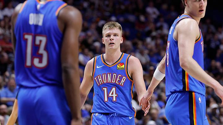 Oct 6, 2026; Tulsa, Oklahoma, USA; Oklahoma City Thunder guard Bennett Stirtz (14) stands with his team between plays during the second half against the New Orleans Pelicans at BOK Center. Mandatory Credit: Alonzo Adams-Imagn Images Oct 6, 2026; Tulsa, Oklahoma, USA; Oklahoma City Thunder guard Bennett Stirtz (14) stands with his team between plays during the second half against the New Orleans Pelicans at BOK Center. Mandatory Credit: Alonzo Adams-Imagn Images