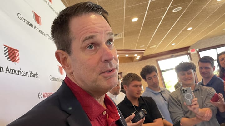 Indiana football coach Curt Cignetti speaks with the media at Huber's on May 28, 2025. Indiana football coach Curt Cignetti speaks with the media at Huber's on May 28, 2025.