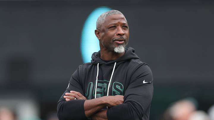 Dec 7, 2025; East Rutherford, New Jersey, USA; New York Jets head coach Aaron Glenn looks on before the game against the Miami Dolphins at MetLife Stadium. Mandatory Credit: Vincent Carchietta-Imagn Images