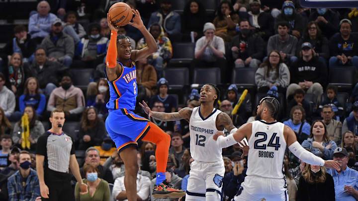 Dec 20, 2021; Memphis, Tennessee, USA; Oklahoma City Thunder guard Shai Gilgeous-Alexander (2) looks to pass against Memphis Grizzlies guard Ja Morant (12) during the second half at FedExForum. Mandatory Credit: Justin Ford-Imagn Images Dec 20, 2021; Memphis, Tennessee, USA; Oklahoma City Thunder guard Shai Gilgeous-Alexander (2) looks to pass against Memphis Grizzlies guard Ja Morant (12) during the second half at FedExForum. Mandatory Credit: Justin Ford-Imagn Images