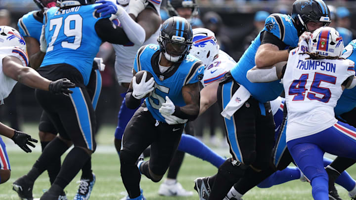 Oct 26, 2025; Charlotte, North Carolina, USA; Carolina Panthers running back Rico Dowdle (5) runs during the first half against the Buffalo Bills at Bank of America Stadium. Mandatory Credit: Jim Dedmon-Imagn Images Oct 26, 2025; Charlotte, North Carolina, USA; Carolina Panthers running back Rico Dowdle (5) runs during the first half against the Buffalo Bills at Bank of America Stadium. Mandatory Credit: Jim Dedmon-Imagn Images