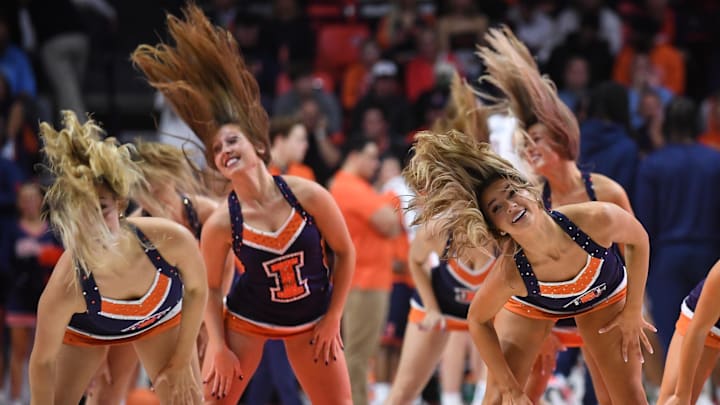 Nov 11, 2025; Champaign, Illinois, USA;  The Illinettes dance team performs during the first half against the Texas Tech Red Raiders at State Farm Center. Mandatory Credit: Ron Johnson-Imagn Images
