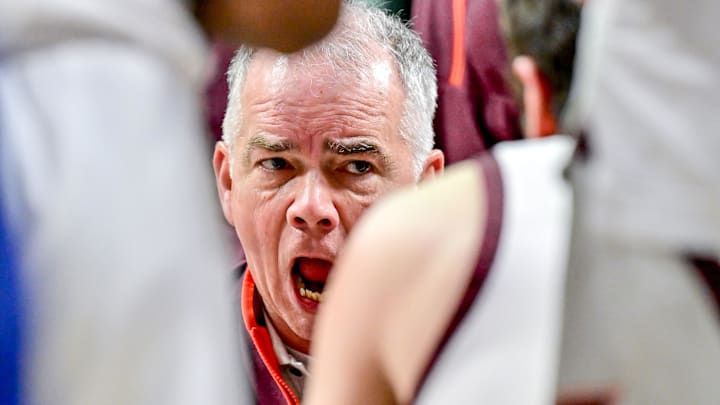 Feb 8, 2025; Virginia Tech head coach Mike Young talks to his players during a timeout in the first half against Notre Dame.