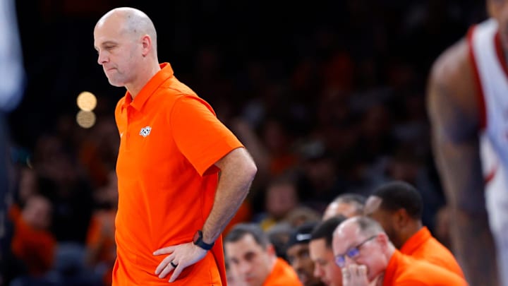Oklahoma State coach Steve Lutz stands near the bench during a men's college Bedlam basketball game between the University of Oklahoma Sooners (OU) and the Oklahoma State University Cowboys (OSU) at Paycom Center in Oklahoma City, Saturday, Dec. 14, 2024. Oklahoma won 80-65. Oklahoma State coach Steve Lutz stands near the bench during a men's college Bedlam basketball game between the University of Oklahoma Sooners (OU) and the Oklahoma State University Cowboys (OSU) at Paycom Center in Oklahoma City, Saturday, Dec. 14, 2024. Oklahoma won 80-65.