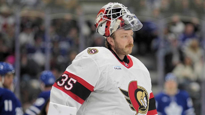 Dec 27, 2025; Toronto, Ontario, CAN; Ottawa Senators goaltender Linus Ullmark (35) during a break in the action against the Toronto Maple Leafs at Scotiabank Arena. Mandatory Credit: John E. Sokolowski-Imagn Images
