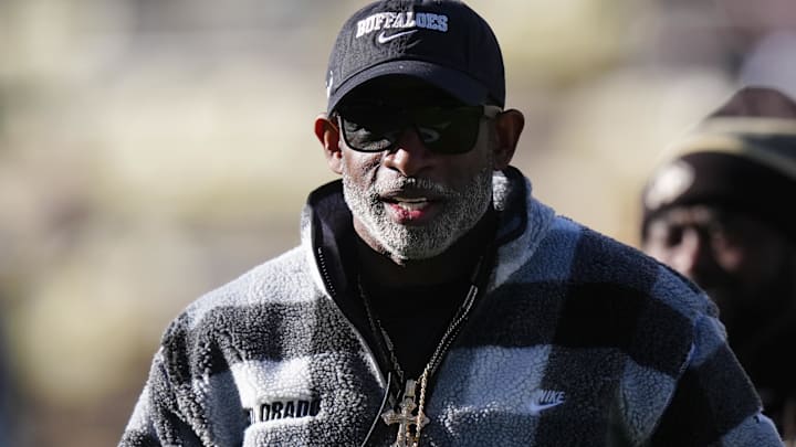 Nov 16, 2024; Boulder, Colorado, USA; Colorado Buffaloes head coach Deion Sanders looks on before the game against the Utah Utes at Folsom Field. Mandatory Credit: Ron Chenoy-Imagn Images