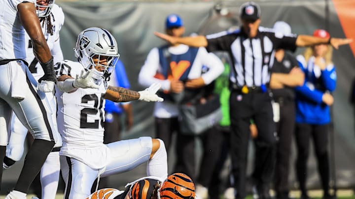 Nov 3, 2024; Cincinnati, Ohio, USA; Las Vegas Raiders safety Isaiah Pola-Mao (20) reacts after breaking up a pass intended for Cincinnati Bengals wide receiver Trenton Irwin (16) in the first half at Paycor Stadium. Mandatory Credit: Katie Stratman-Imagn Images