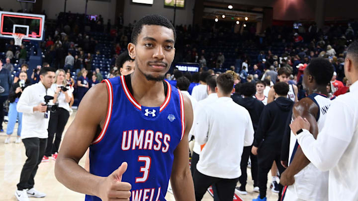 Nov 15, 2024; Spokane, Washington, USA; UMass Lowell River Hawks guard Quinton Mincey (3) gives a thumbs up after a game against the Gonzaga Bulldogs at McCarthey Athletic Center. Mandatory Credit: James Snook-Imagn Images
