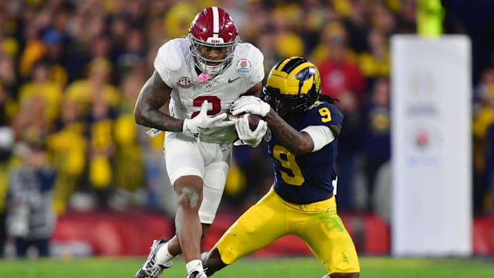 Jan 1, 2024; Pasadena, CA, USA; Alabama Crimson Tide running back Jase McClellan (2) runs against Michigan Wolverines defensive back Rod Moore (9) in the fourth quarter in the 2024 Rose Bowl college football playoff semifinal game at Rose Bowl. Mandatory Credit: Gary A. Vasquez-Imagn Images