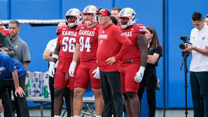 Aug 29, 2025; Lawrence, Kansas, USA; Kansas Jayhawks coach Lance Leipold watches play during the first half against the Wagner Seahawks at David Booth Kansas Memorial Stadium. Mandatory Credit: William Purnell-Imagn Images