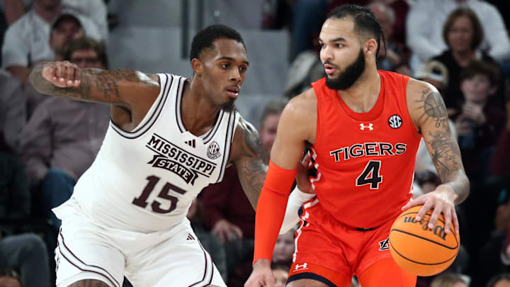 Jan 27, 2024; Starkville, Mississippi, USA; Auburn Tigers forward/center Johni Broome (4) dribbles
