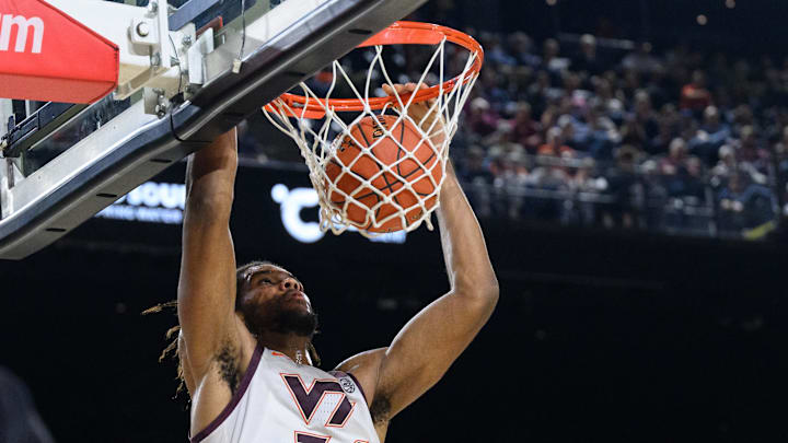 Nov 15, 2024; Baltimore, Maryland, USA; Virginia Tech Hokies forward Mylyjael Poteat (34) dunks the ball during the second half against the Penn State Nittany Lions at CFG Bank Arena. Mandatory Credit: Reggie Hildred-Imagn Images Nov 15, 2024; Baltimore, Maryland, USA; Virginia Tech Hokies forward Mylyjael Poteat (34) dunks the ball during the second half against the Penn State Nittany Lions at CFG Bank Arena. Mandatory Credit: Reggie Hildred-Imagn Images