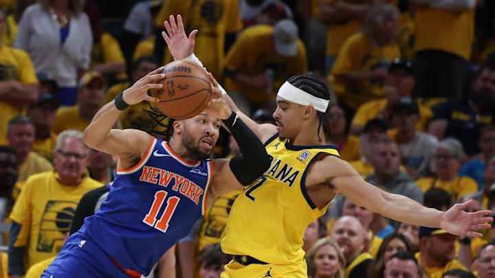 May 31, 2025; Indianapolis, Indiana, USA; Indiana Pacers guard Andrew Nembhard (2) defends against New York Knicks guard Jalen Brunson (11) in the second quarter during game six of the eastern conference finals for the 2025 NBA Playoffs at Gainbridge Fieldhouse. Mandatory Credit: Trevor Ruszkowski-Imagn Images