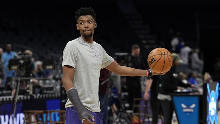 Mar 20, 2025; Charlotte, North Carolina, USA; Charlotte Hornets forward Brandon Miller (24) during pregame warmups against the New York Knicks at Spectrum Center. Mandatory Credit: Jim Dedmon-Imagn Images