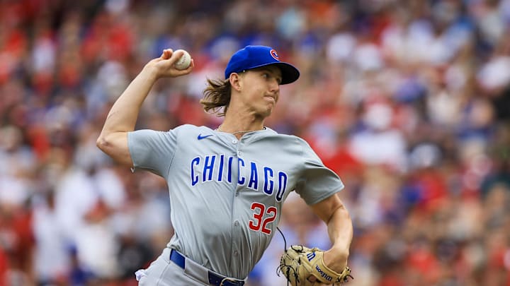 Jun 8, 2024; Cincinnati, Ohio, USA; Chicago Cubs starting pitcher Ben Brown (32) pitches against the Cincinnati Reds in the first inning at Great American Ball Park. 